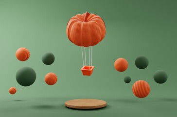 3D render. Autumn fantasy composition. Autumn cartoon pumpkin hot air balloon. 3d illustration