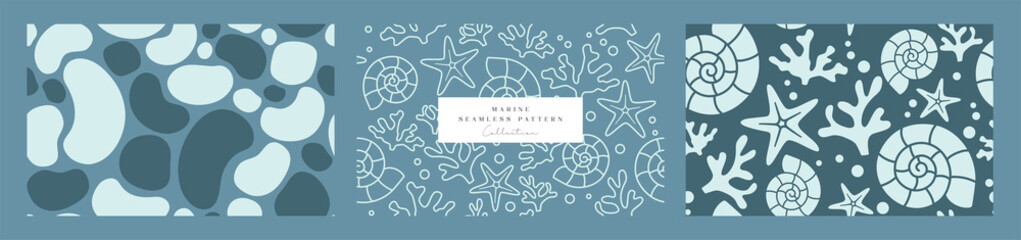Collection of a marine seamless pattern. Trendy hand-drawn sea patterns perfect for branding, fabric, packaging, baby products, spa, wedding, cosmetics, etc. Minimal vector graphics, easy to adjust.
