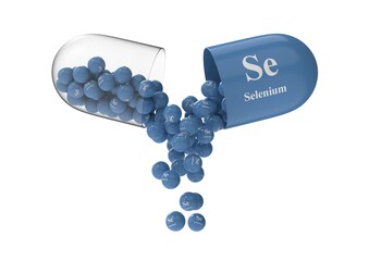 Open capsule with selenium from which the vitamin composition is poured. Medical 3D rendering illustration