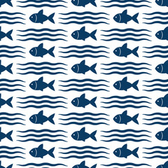 Fish and waves marine seamless pattern