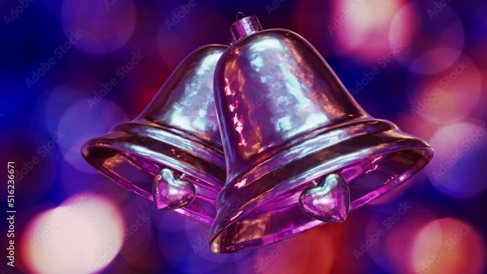 Poster realistic closeup camera looping 3d animation of two fancy textured pearly pink christmas love bells