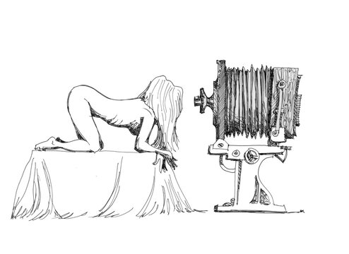 Girl looks into the camera of a photo apparatus. Ink drawing. 
