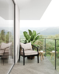 Balcony view of mountains, landscape, terrace with a beautiful view and cozy armchair, 3d rendering