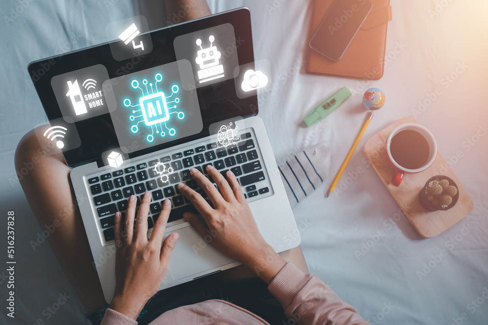 Poster artificial intelligence ai, person hand using laptop with holographic brain artificial intelligence 