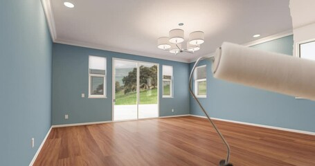 Female Hand Using Paint Roller to Reveal Before and After of Unfinished Master Bedroom to Finished and Newly Painted Remodel.