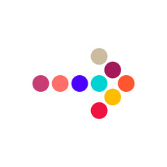 Decorative dotted arrow to the right, made up of multi-colored circles. Color palette. Flat vector illustration isolated on white background.