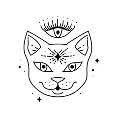 Magic boho cat symbol. Gypsy sacred element and sign in modern boho style. Golden minimal line art.