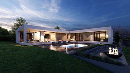 Design house - modern villa evening and at night with open plan living and private bedroom wing. Large terrace with privacy and swimming pool. Small covered terrace for sauna and relaxation.  © Martin