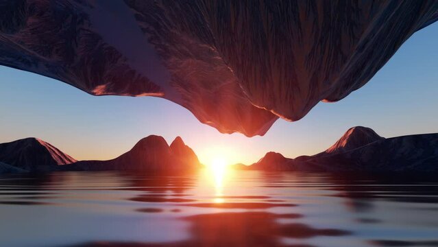 3d animation. Sailing along the seaside during a sunset. Seascape panorama with cliffs and rocks reflecting in the water. Abstract nature background
