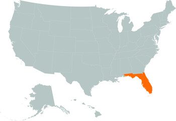 Obraz premium Orange Map of US federal state of Florida within gray map of United States of America