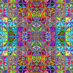 Imagen de arte geométrico digital compuesta de formas triangulares variadas en colores difuminados en un conjunto que muestra un mosaico de azulejos quebrados encajonados.
