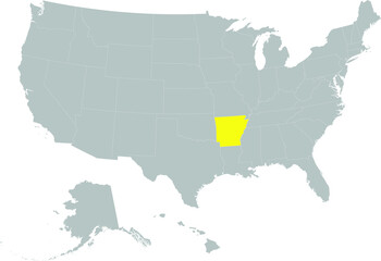 Yellow Map of US federal state of Arkansas within gray map of United States of America