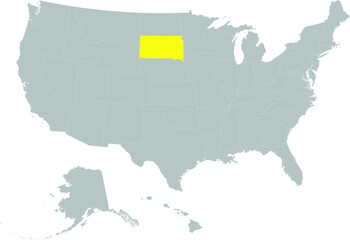 Yellow Map of US federal state of South Dakota within gray map of United States of America