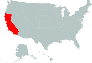 Red Map of US federal state of California within gray map of United States of America