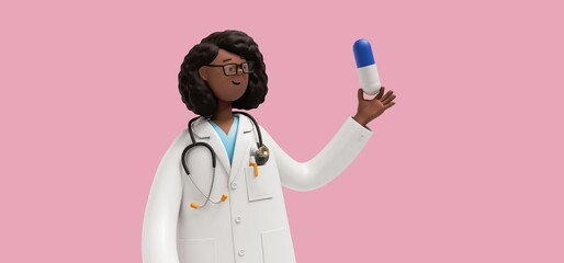 3d rendering. Black woman doctor holds big pill, pharmacist cartoon character, healthcare professional, isolated on pink background. Medical illustration - Powered by Adobe