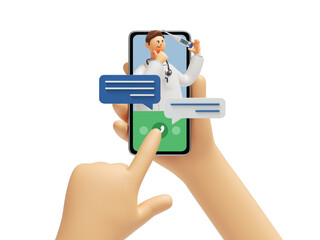 3d rendering, medical illustration isolated on white background. Online consultation with doctor holding thermometer. Cartoon character hand holds mobile phone and calls