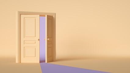 3d render, double doors opening inside the yellow room. Architectural or interior element, abstract background