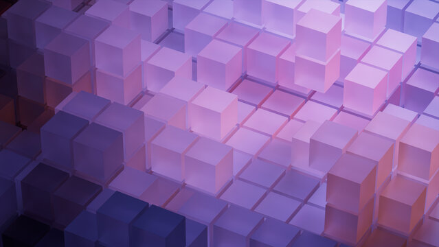 Violet and Orange, Translucent Blocks Neatly Constructed to create a Contemporary Tech Background. 3D Render.