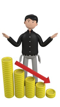 Character person illustration about income decreasing. 3D illustration. 3D rendering.