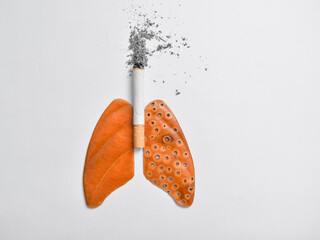 smoking kills, stop smoking concept. Lungs of a healthy person and sick.Lungs shape made of a burnt cigarette butt and dried leaf, crafted. design for advertisers and articles. World no tobacco day. - obrazy, fototapety, plakaty