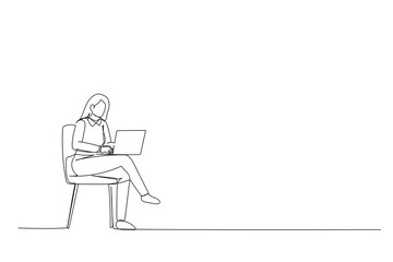 Cartoon of manager ceo lady sit chair use device netbook online communicate single continuous line art style