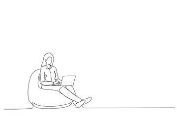 Drawing of focused ceo worker sit bean chair use laptop search information single line art