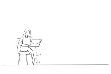 Cartoon of Young woman using laptop at home, space for text Single line art