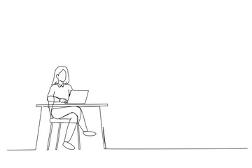 Illustration of Young woman working with laptop in armchair indoors. Space for text. One Line Art