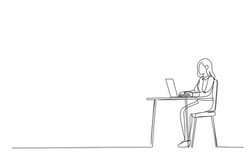 Fototapeta premium Drawing of attractive businesswoman in glasses sitting at the table One line art