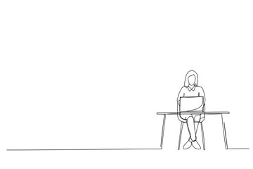 Cartoon of focused concentrated girl preparing annual finance design report One line art