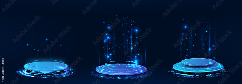 Poster fantastic circle holograms, magic portals, futuristic podium, teleporters for show product. 3d futur