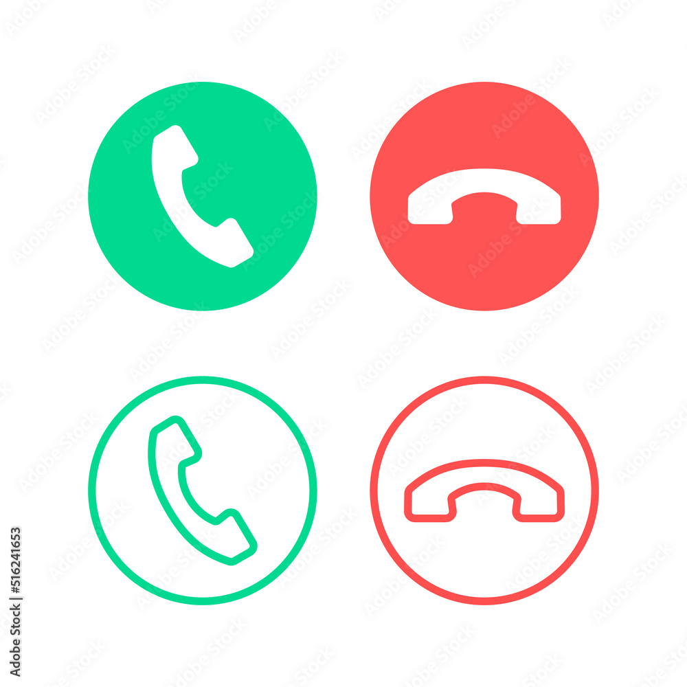 Poster call icons set. phone call buttons. headset silhouette. mobile app telephone buttons. green and red 