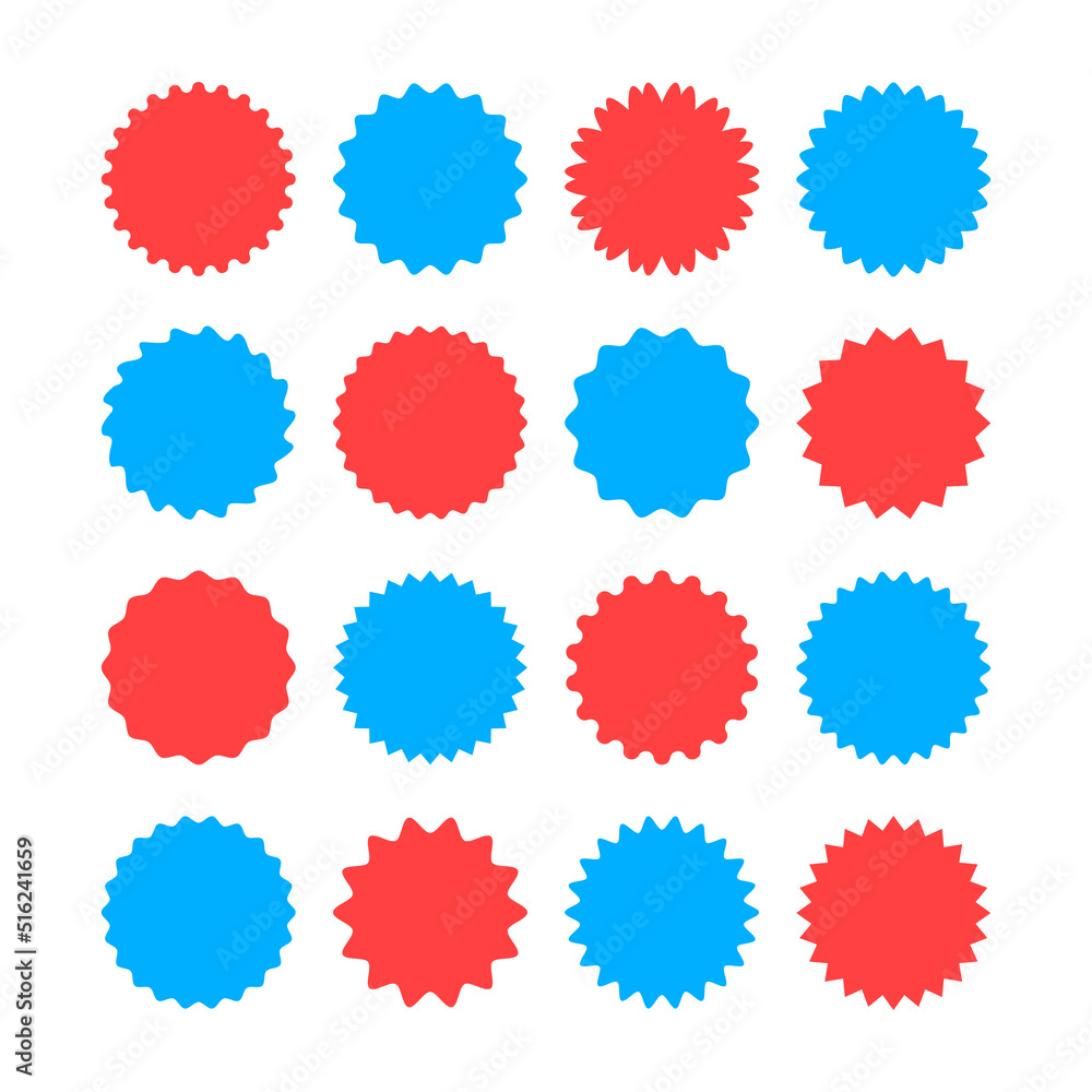 Wall mural Vector stickers set. Abstract design. Miscellaneous sunburst and starburst shapes, round labels, circle stickers. Blue and red colors. Vector illustration isolated on white background