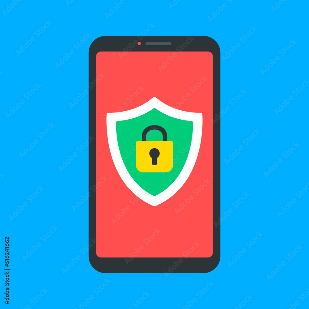 Poster mobile security. mobile phone and shield with lock. secure mobile app, smartphone data protection. v