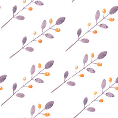 Seamless watercolor floral pattern - green and pink leaves, branches composition on white background.