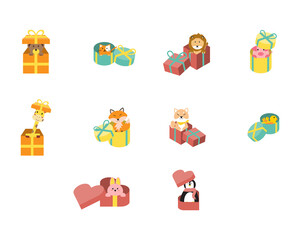 cute animal inside giftbox illustration clipart for decoration for kids, worksheet or decoration