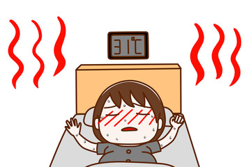 熱帯夜の中ベッドで顔が真っ赤に熱中症になりそうになっている妊婦