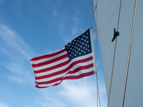 Unfurled American Flag on a Sailboat