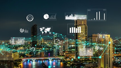 Business data analytic interface fly over smart city showing alteration future of business intelligence. Computer software and artificial intelligence are used to analyze big data for strategic plan .
