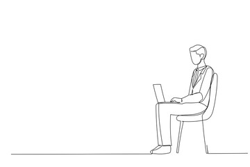 Drawing of serious young business man sitting on chair and using laptop. One line illustration