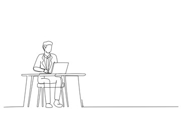 One line illustration of man working at the desk in modern office. Cartoon happy businessman or freelancer using laptop, isolated on white background. Workplace concept.