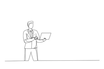 Single line drawing of attractive guy agent broker holding in hands laptop working isolated over white background