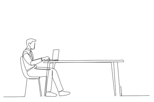 One line drawing of young man sitting on desk, using laptop, working online from home.