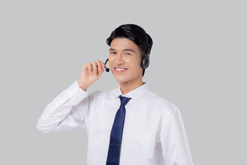 Portrait young asian business man call center wearing headset isolated on white background, agent with support and service, businessman is assistant for client with phone or helpline online.