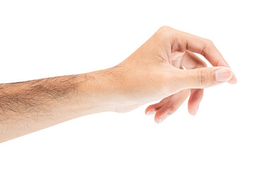 Male hand hold virtual business card, credit card or blank paper isolated on white background.