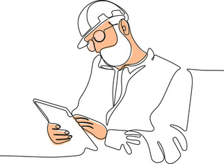 Continuous one line drawing of Close up of young male worker in a helmet on his head uses a tablet for work or without. Vector illustration