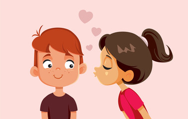 Obraz na płótnie Canvas Little Girl Kissing Her Love Crush on the Cheek Vector Cartoon. Boy and Girl sharing their first kiss on Valentine’s Day