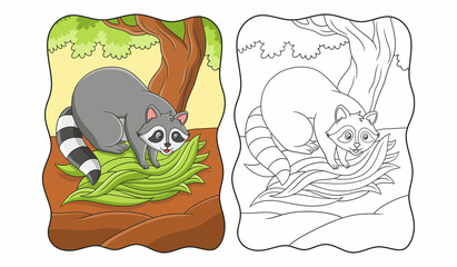 cartoon illustration The raccoon is gathering leaves from a big tree to make a nest for it to live in book or page for kids