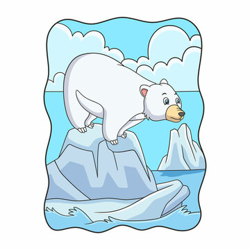 cartoon illustration Polar bear is standing and looking at the water looking for fish for food
