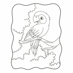 cartoon illustration the parrot is perched gracefully on a tall tree trunk with its beautiful wings book or page for kids black and white